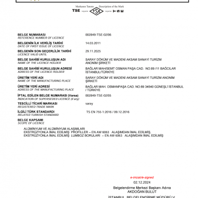 Aluminyum TSE belgesi